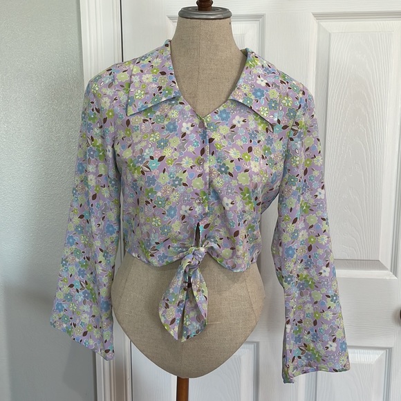 Y2K crop top tie waist floral button down shirt long bell sleeve blouse womens S - Picture 3 of 12